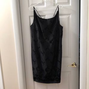 Black satin cocktail dress with velvet floral pattern